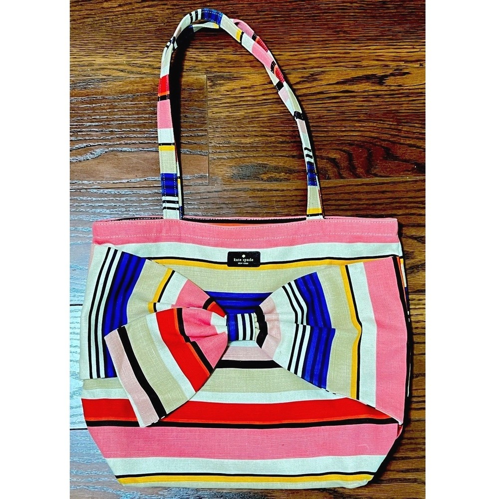 Kate Spade Tote Bag Women Large Pink Multi Stripe Good Canvas Bow Detail
